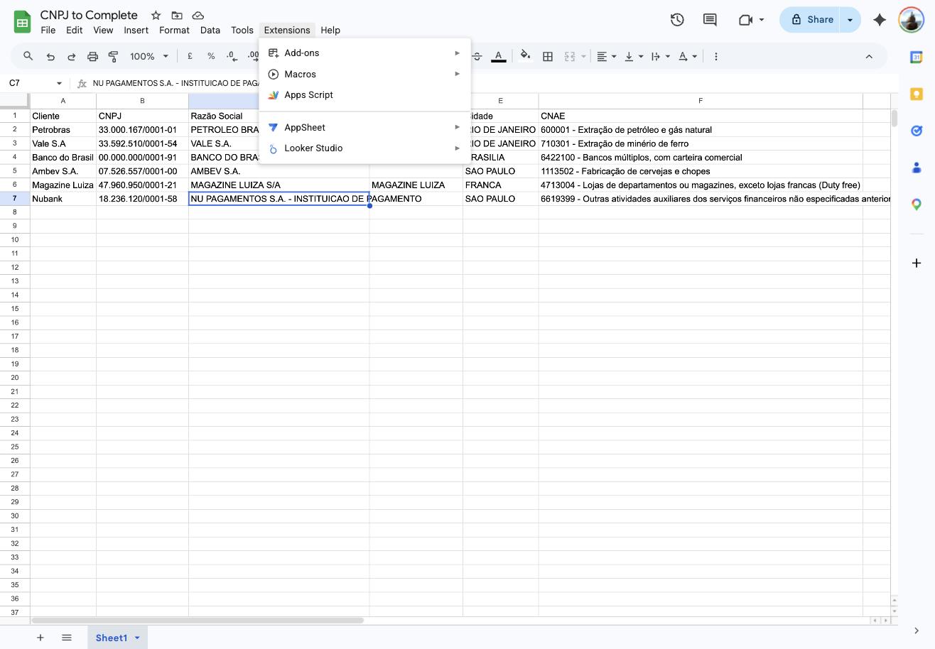 Como preencher dados de CNPJ automaticamente no Google Sheets