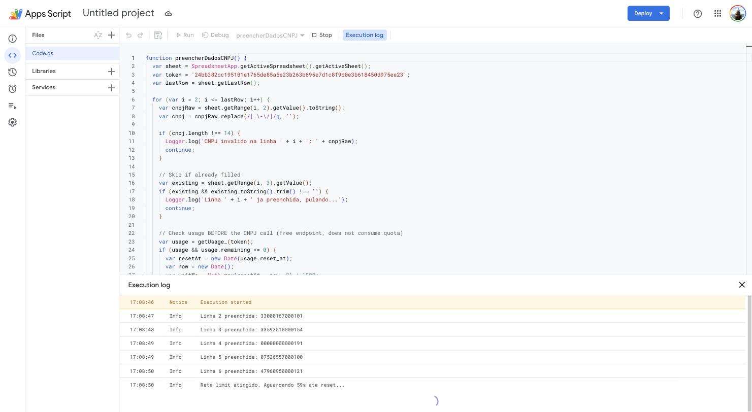Execution log mostrando o controle automático de rate limit