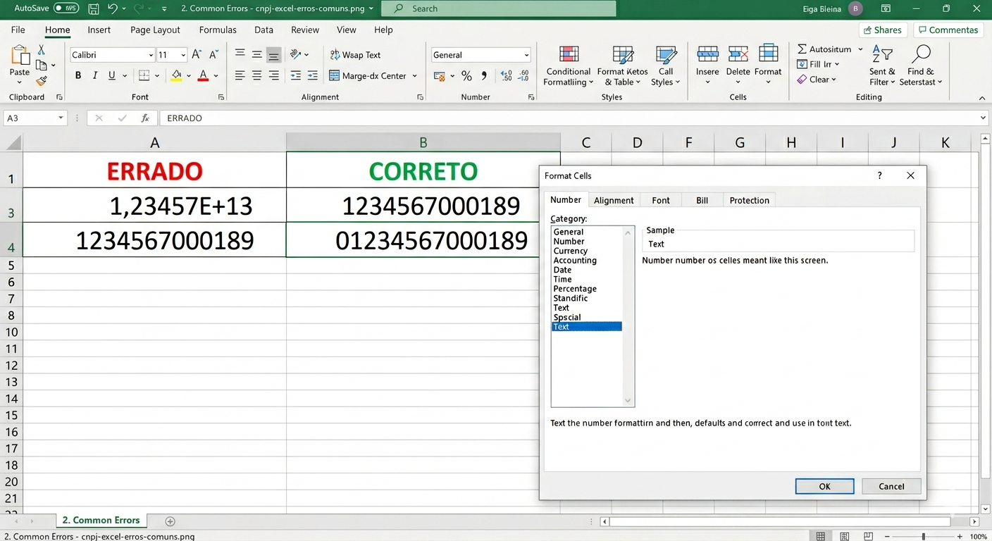 Erros comuns de CNPJ no Excel — notação científica e zeros perdidos